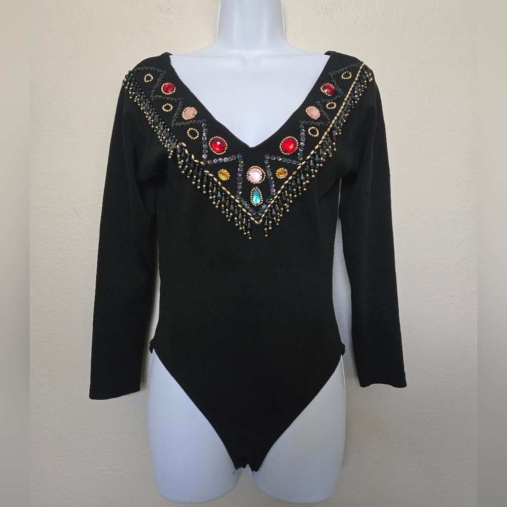 Vintage 90s Jeweled Bedazzled Bodysuit V Neck Size Small retro bohemian
